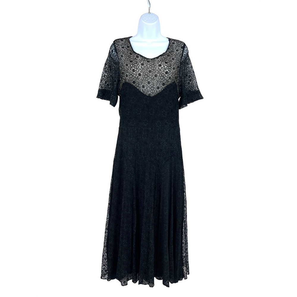 Vintage 1930s Black Floral Lace Dress‎ Short Sleeve Sheer Overlay AS IS